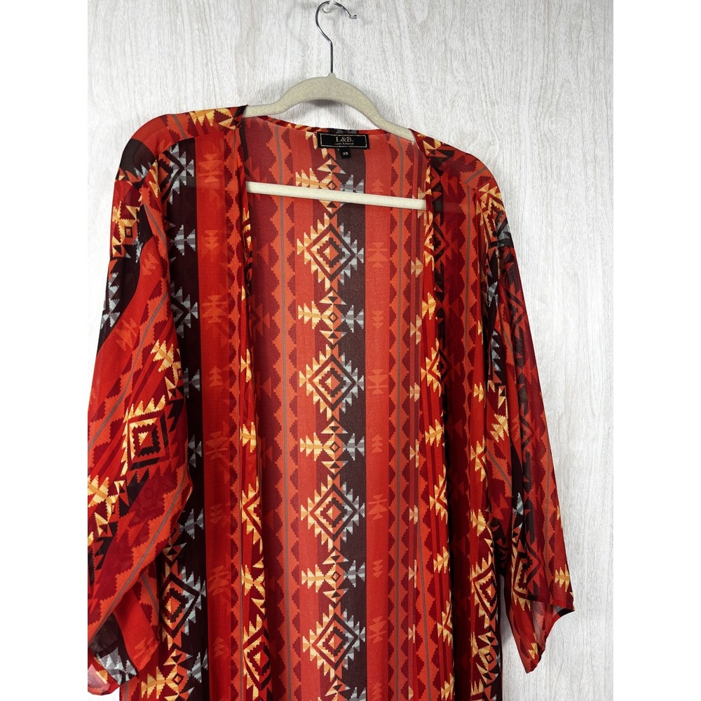 Lucky Blessed Kimono Duster 3XL Red Aztec Tribal Boho Long Festival‎ Chic - Picture 5 of 7